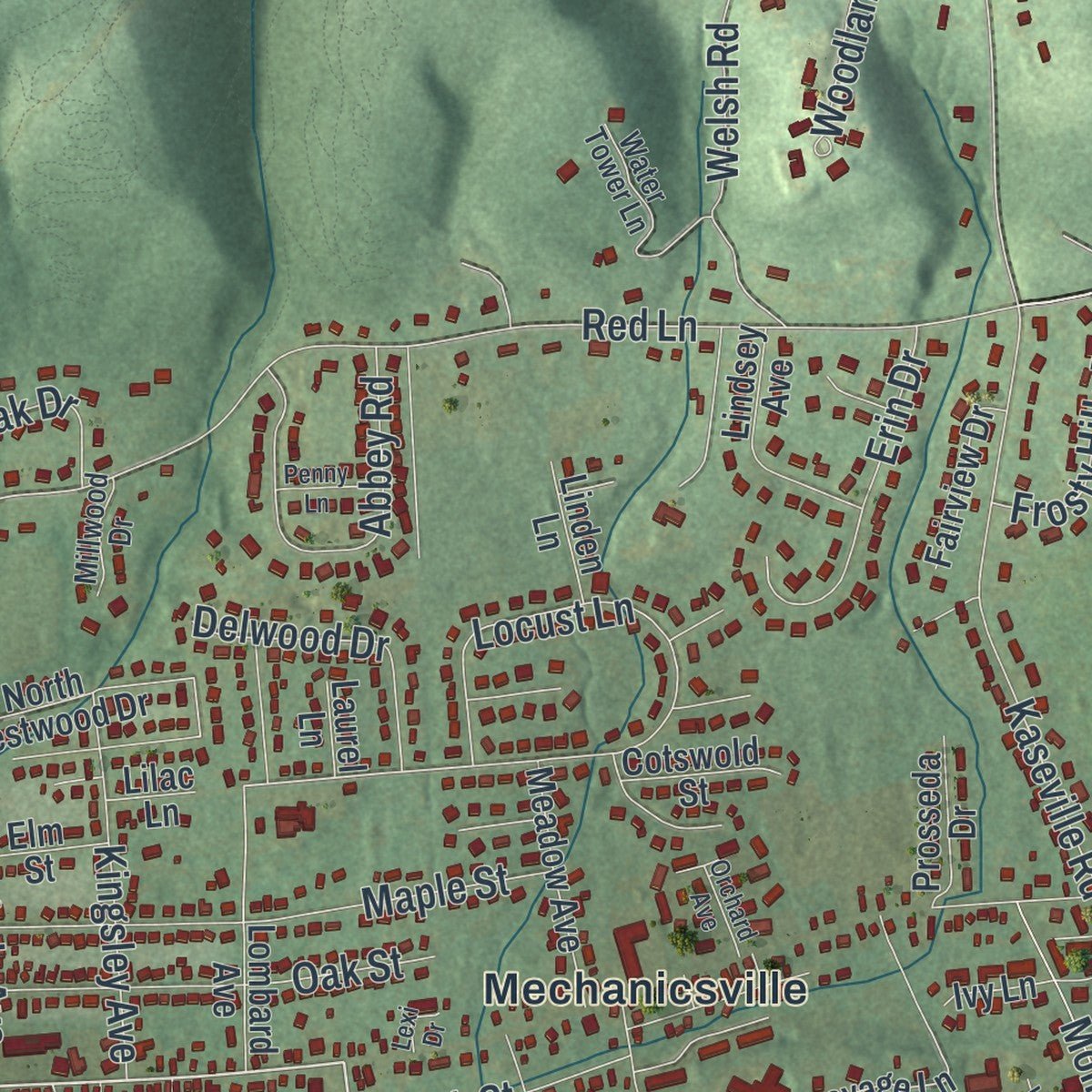 Close-up of the map of Mahoning, Montour County, Pennsylvania print showing street and building detail