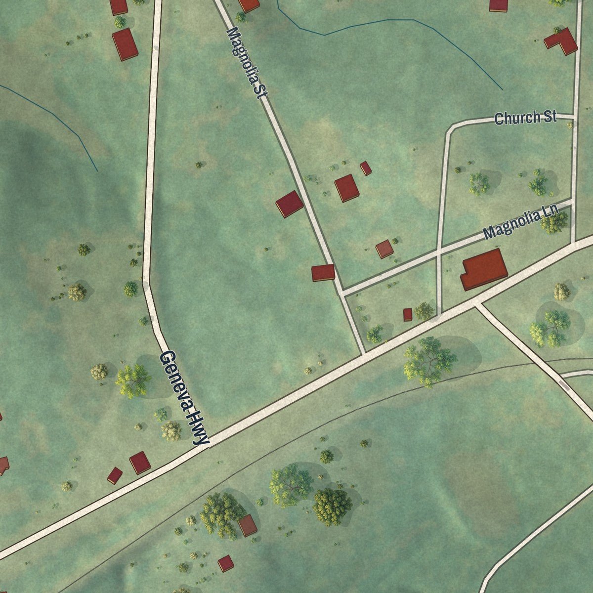 Close-up of the map of Geneva, Georgia print showing street and building detail