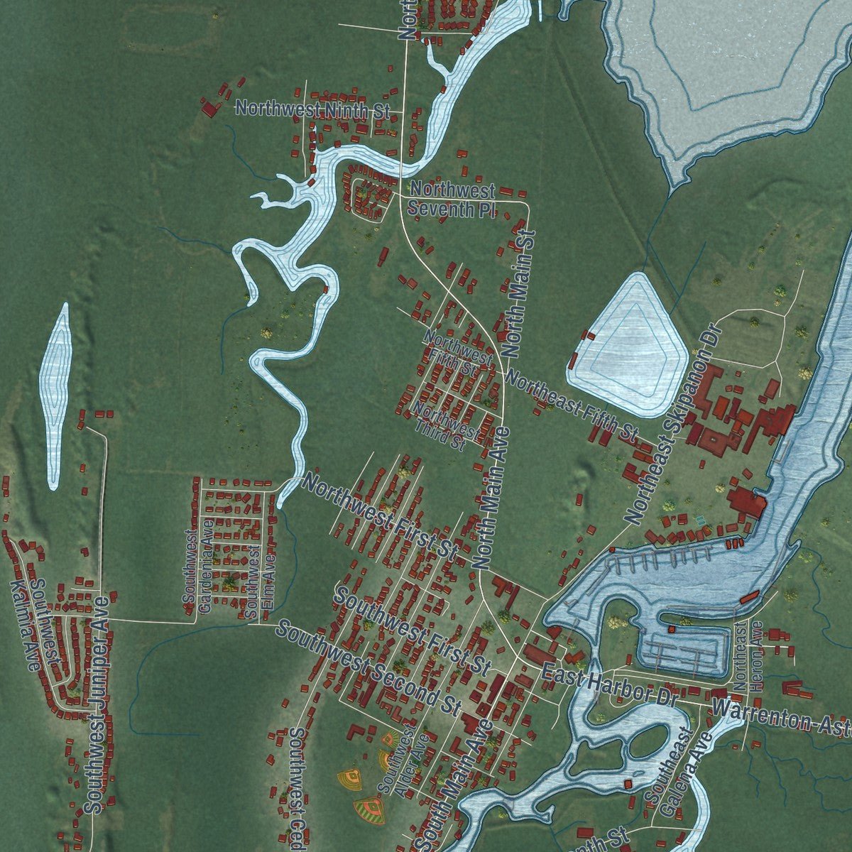 Close-up of the map of Warrenton, Oregon print showing street and building detail