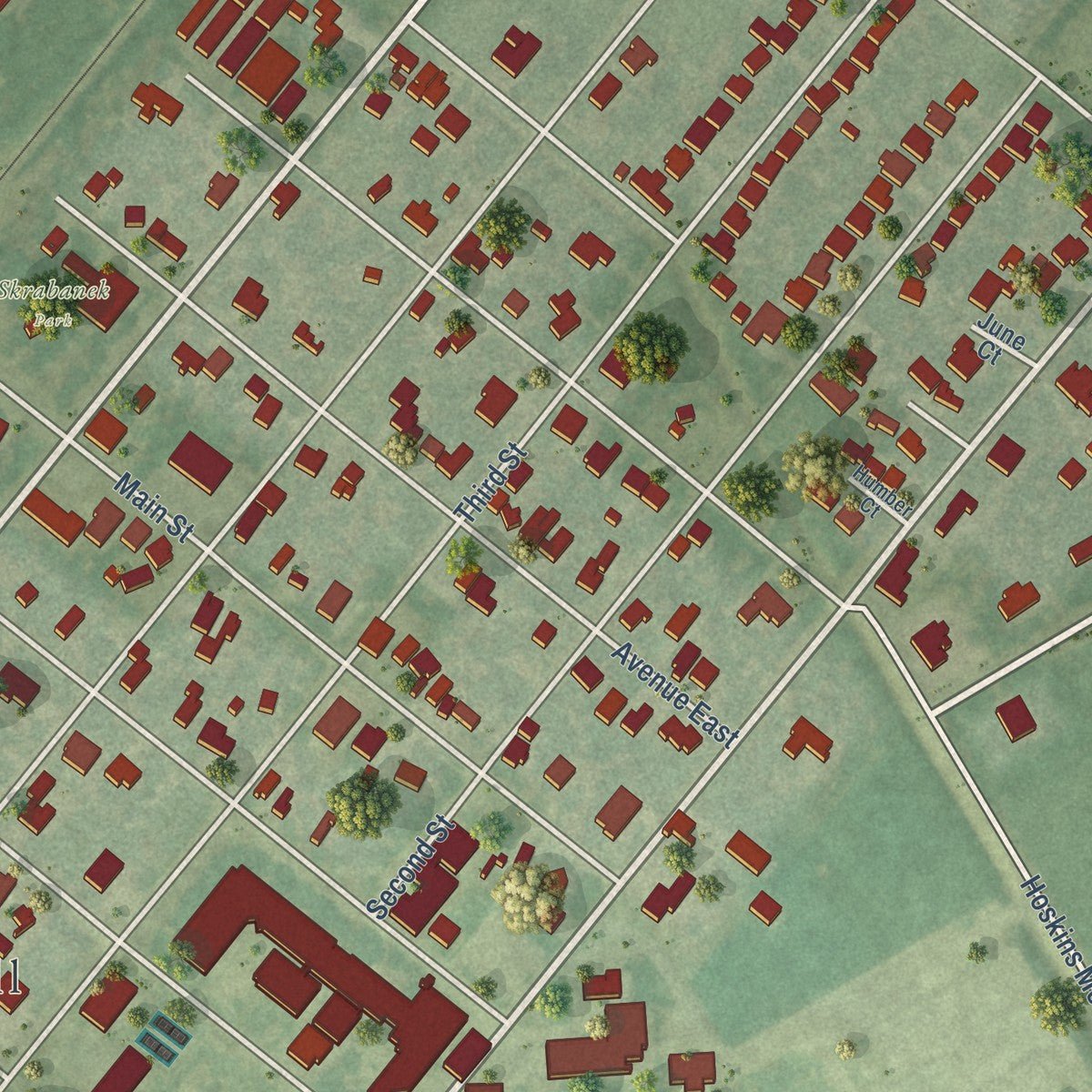 Close-up of the map of Danbury, Texas print showing street and building detail