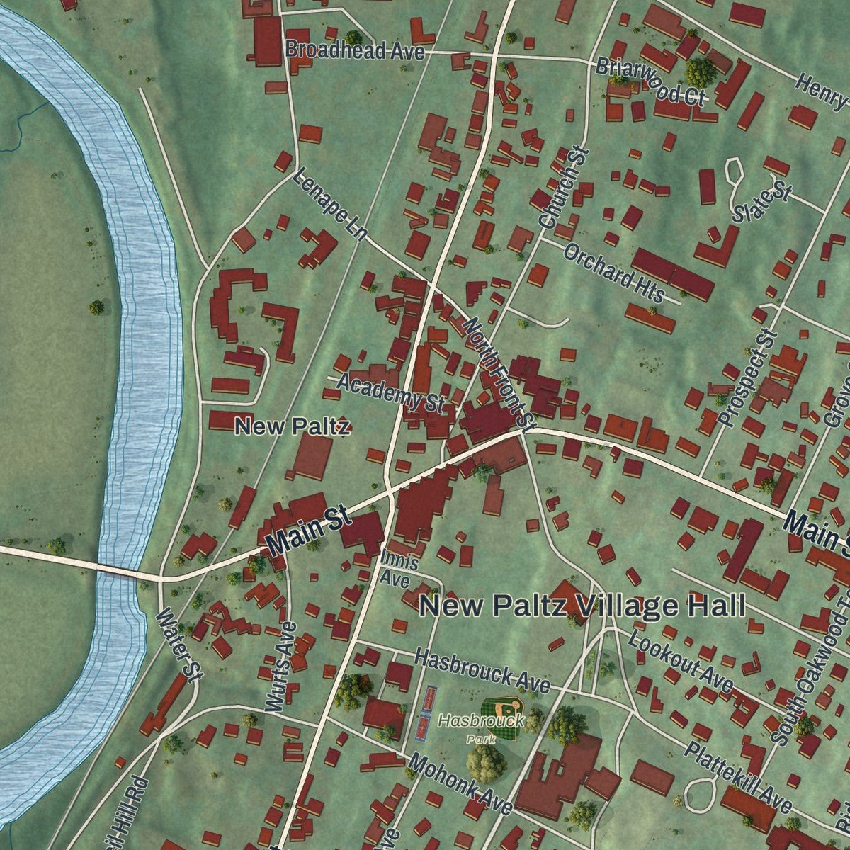 Close-up of the map of the Village of New Paltz, New York print showing street and building detail