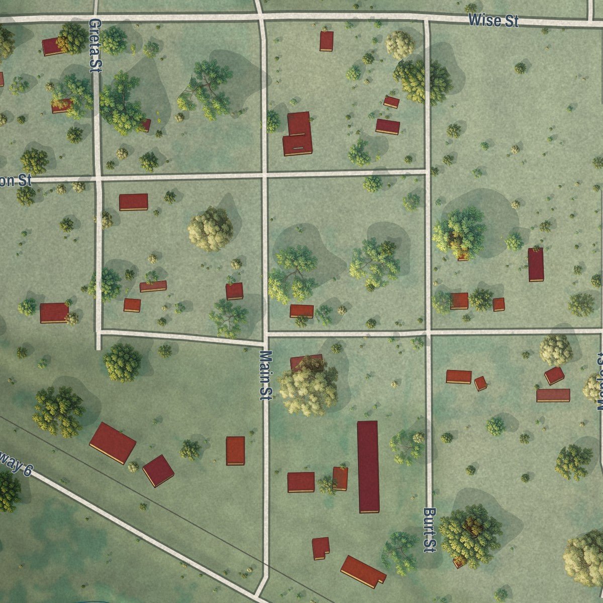 Close-up of the map of Hamlet, Nebraska print showing street and building detail