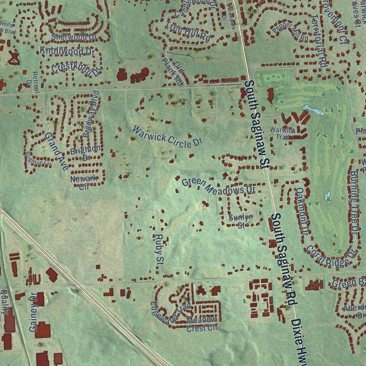Close-up of the map of Grand Blanc, Genesee County, Michigan print showing street and building detail
