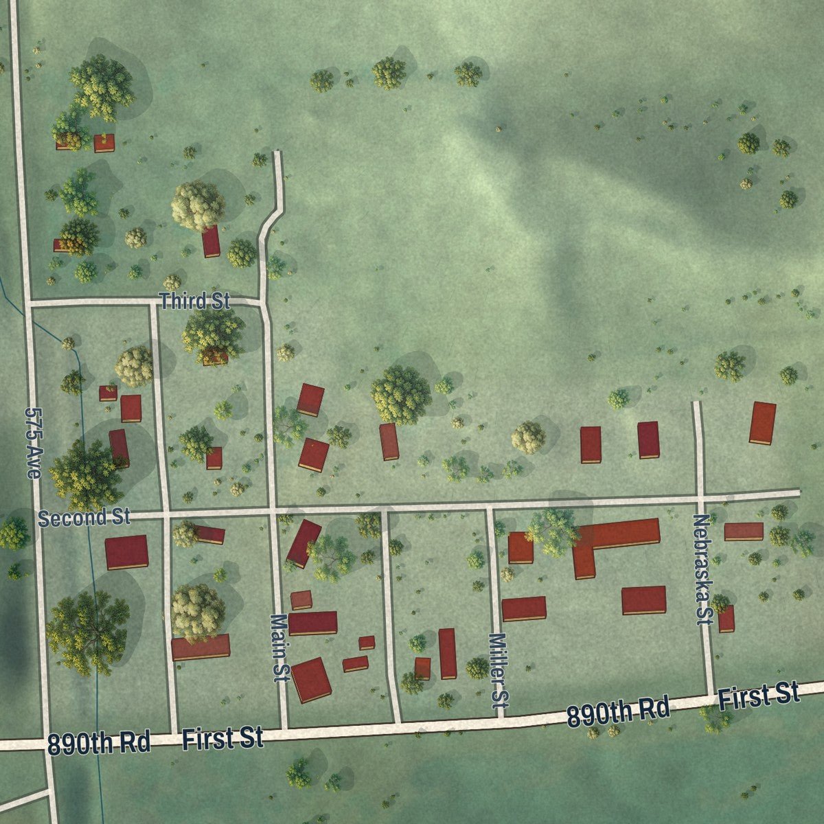 Close-up of the map of Obert, Nebraska print showing street and building detail