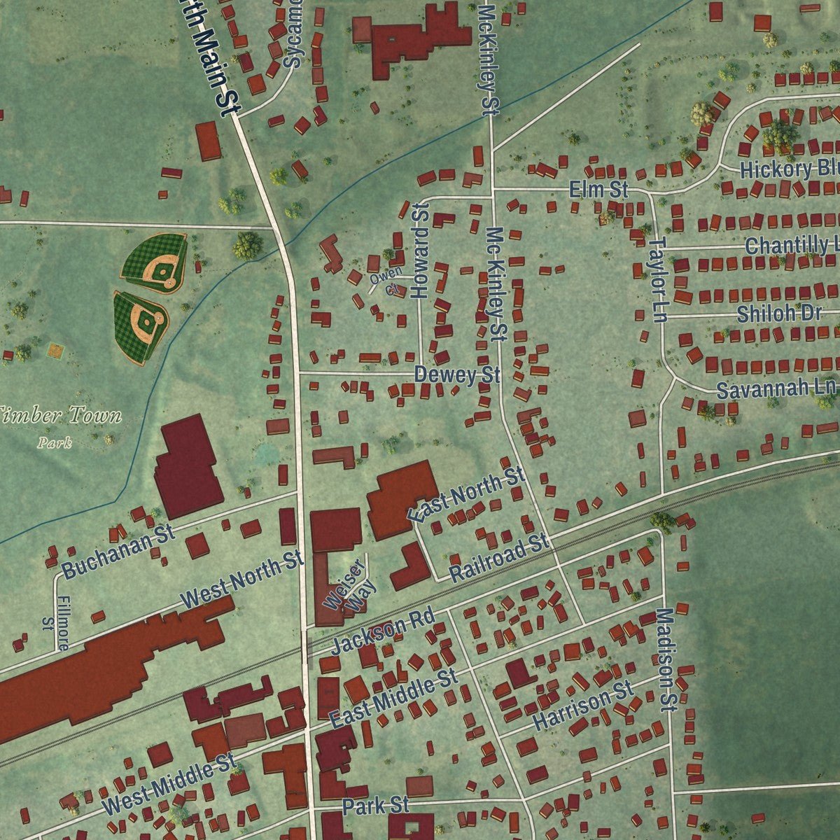 Close-up of the map of Chelsea, Michigan print showing street and building detail