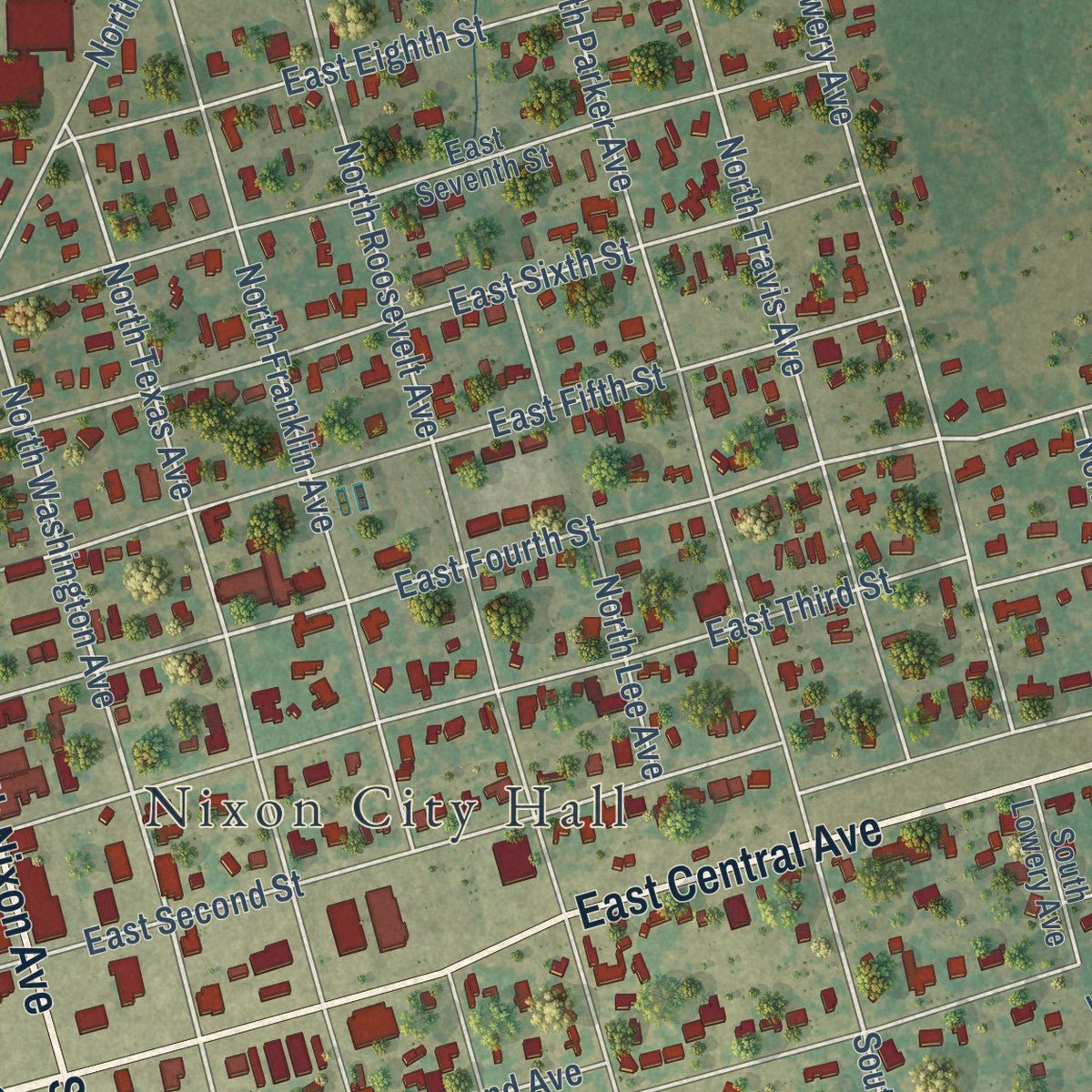 Close-up of the map of Nixon, Texas print showing street and building detail