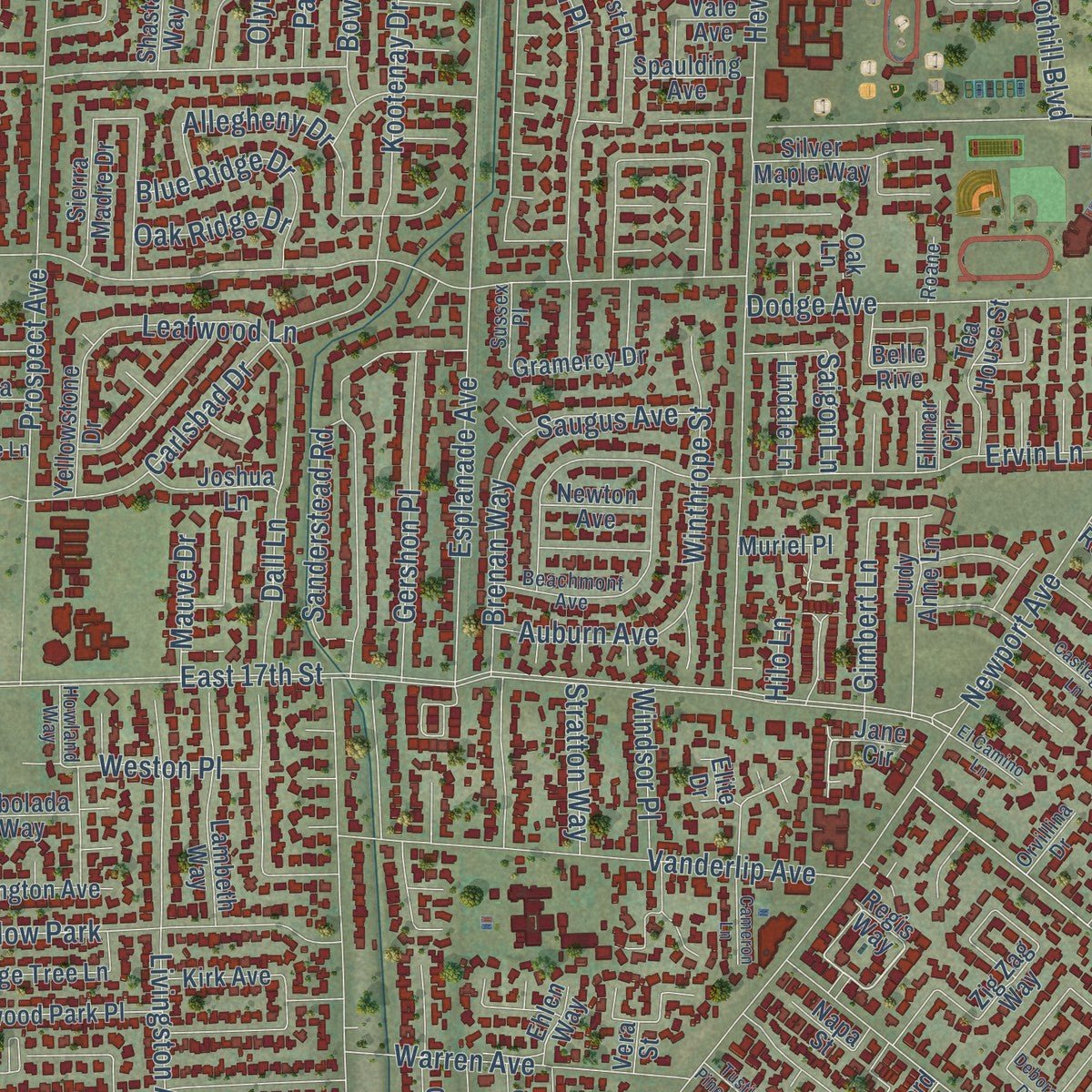 Close-up of the map of North Tustin, California print showing street and building detail
