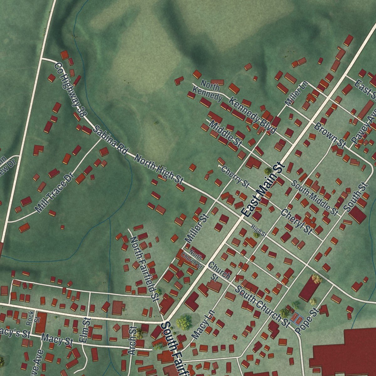Close-up of the map of Leesburg, Ohio print showing street and building detail