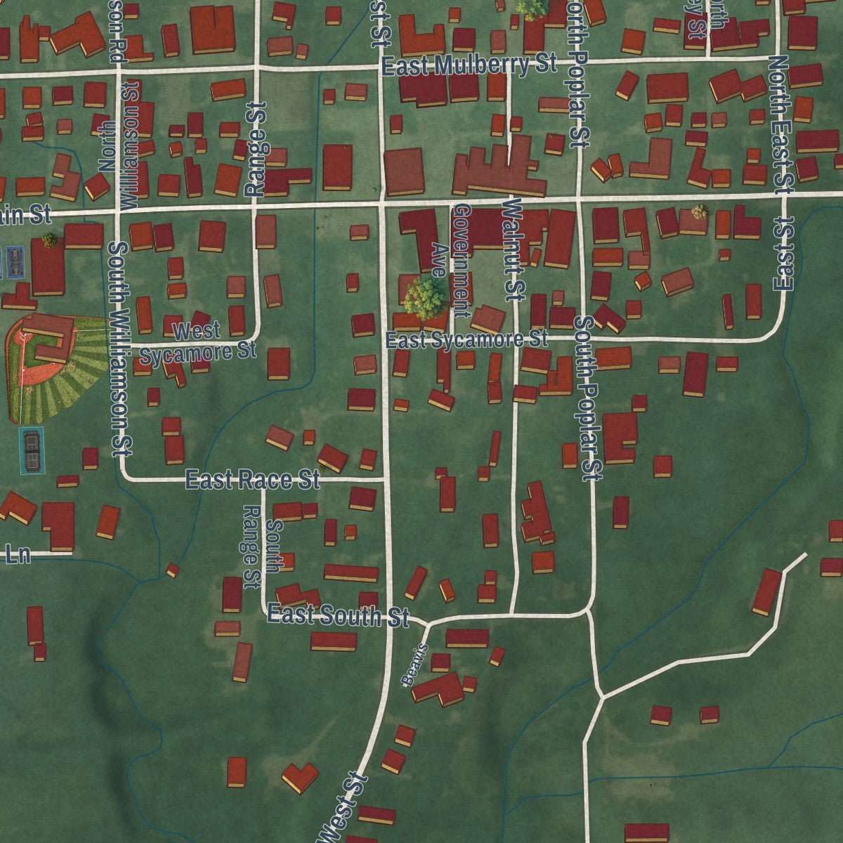 Close-up of the map of Westport, Indiana print showing street and building detail