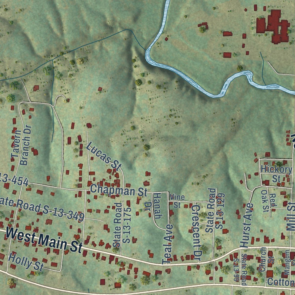 Close-up of the map of Chesterfield, South Carolina print showing street and building detail