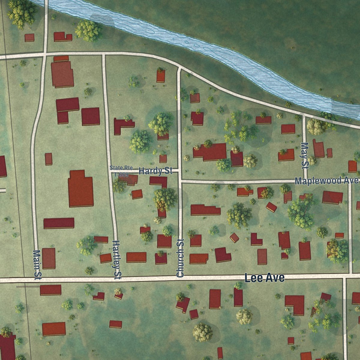 Close-up of the map of Stony Creek, Virginia print showing street and building detail
