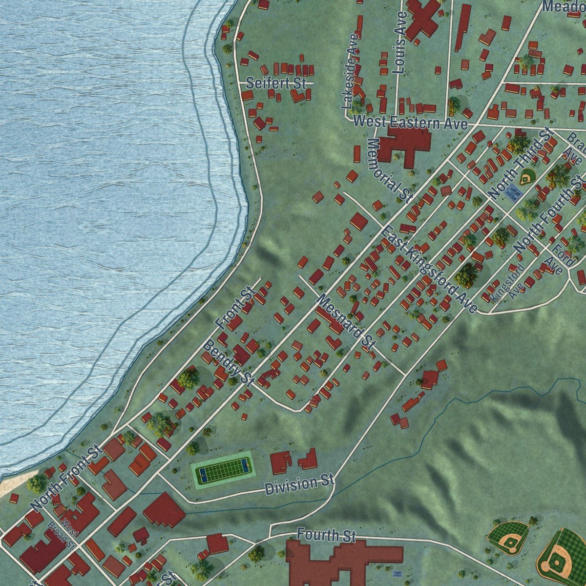 Close-up of the map of L'Anse, Michigan print showing street and building detail