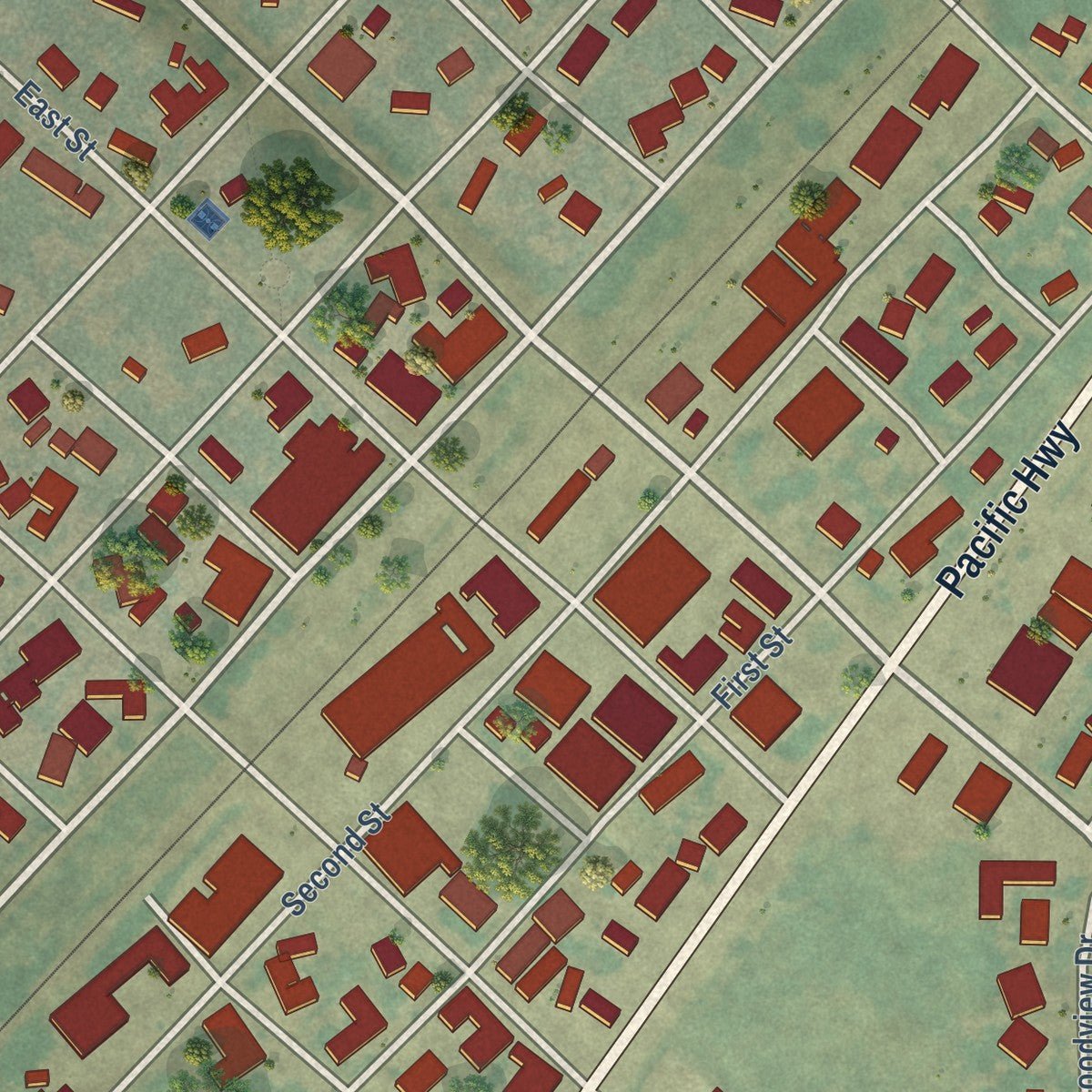 Close-up of the map of Hubbard, Oregon print showing street and building detail