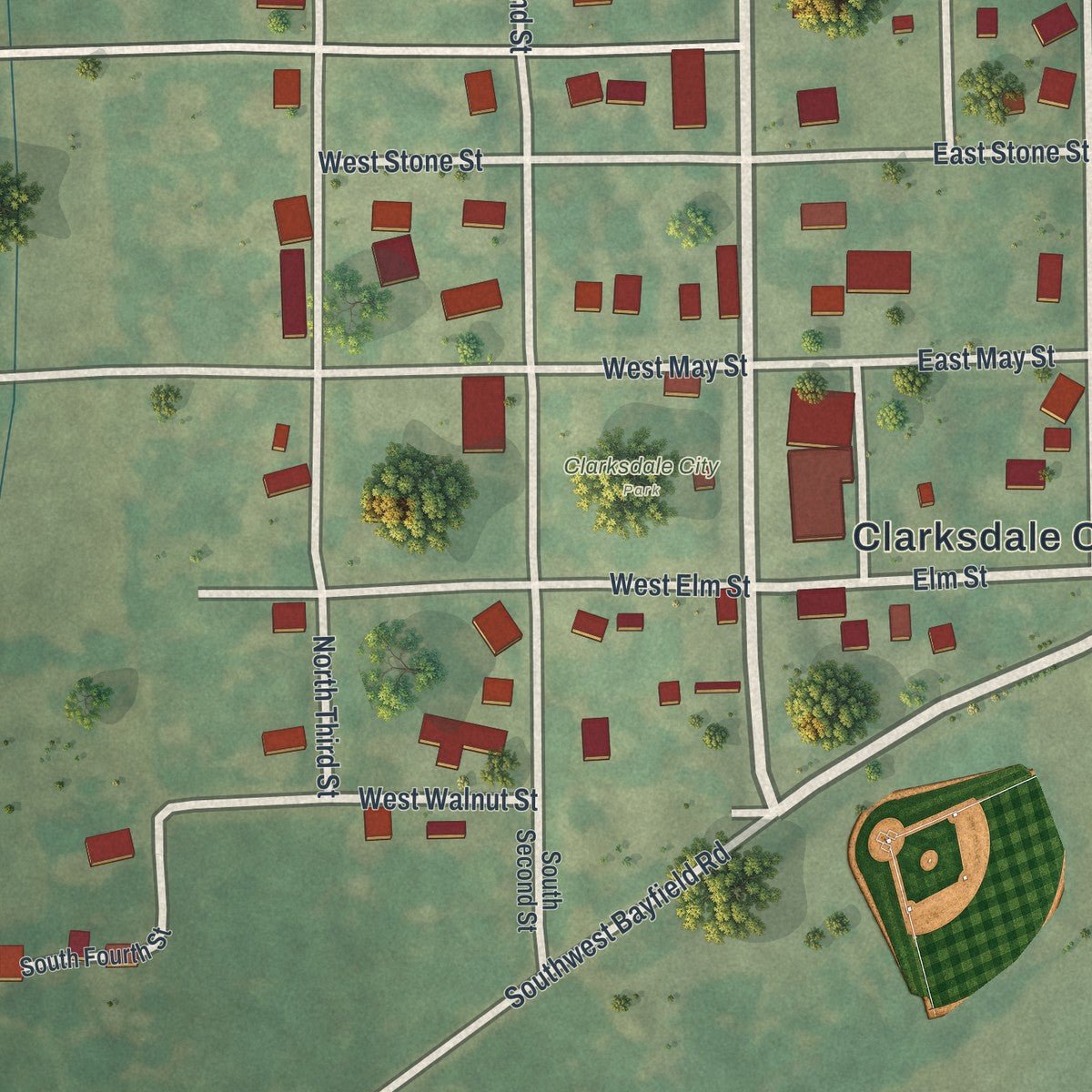 Close-up of the map of Clarksdale, Missouri print showing street and building detail