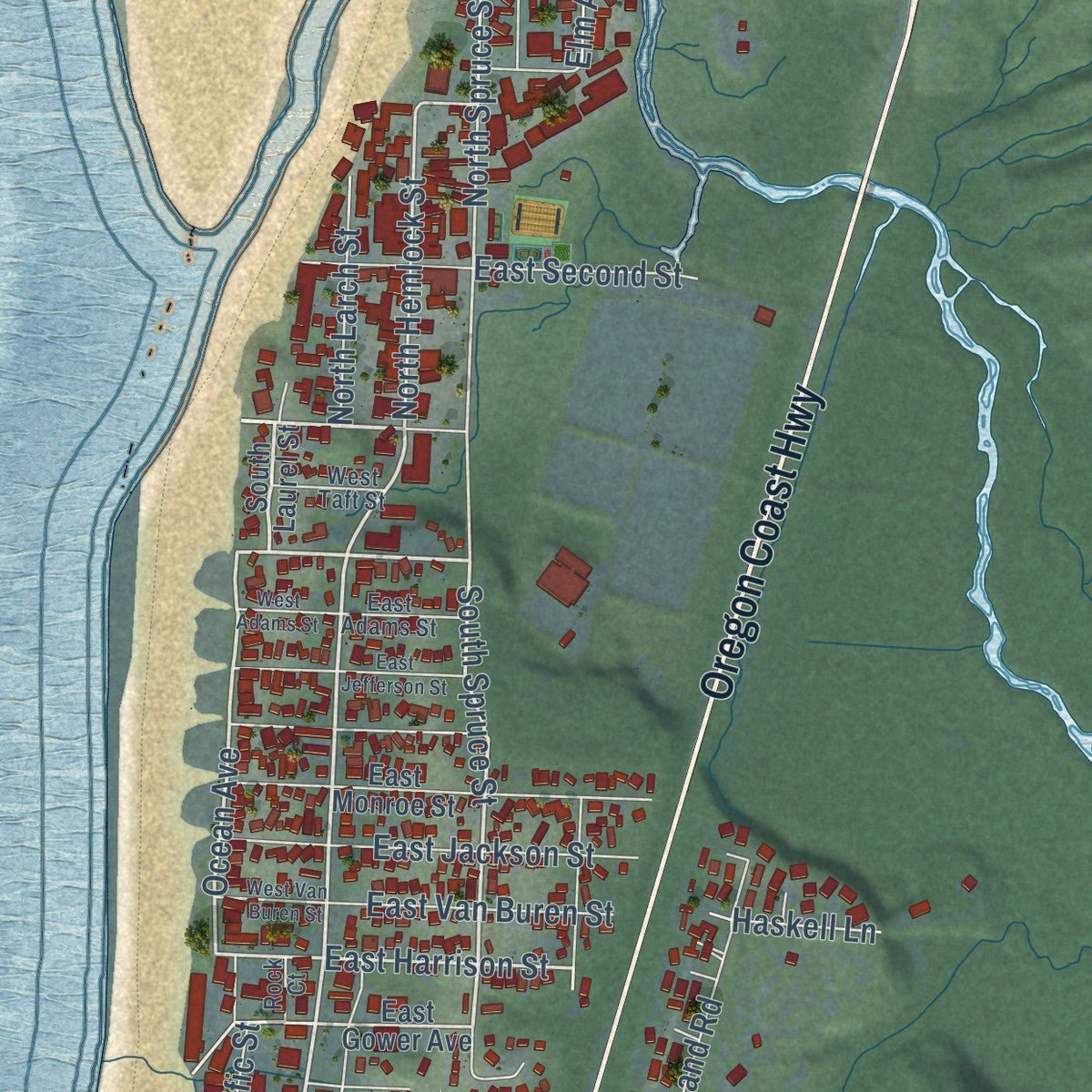 Close-up of the map of Cannon Beach, Oregon print showing street and building detail