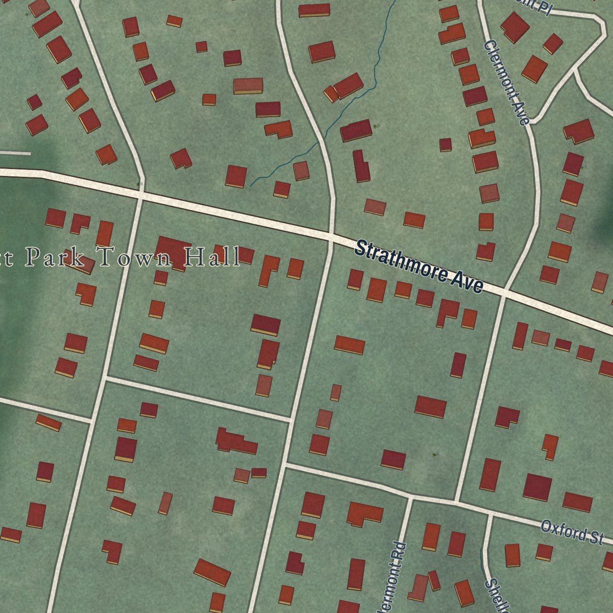 Close-up of the map of Garrett Park, Maryland print showing street and building detail