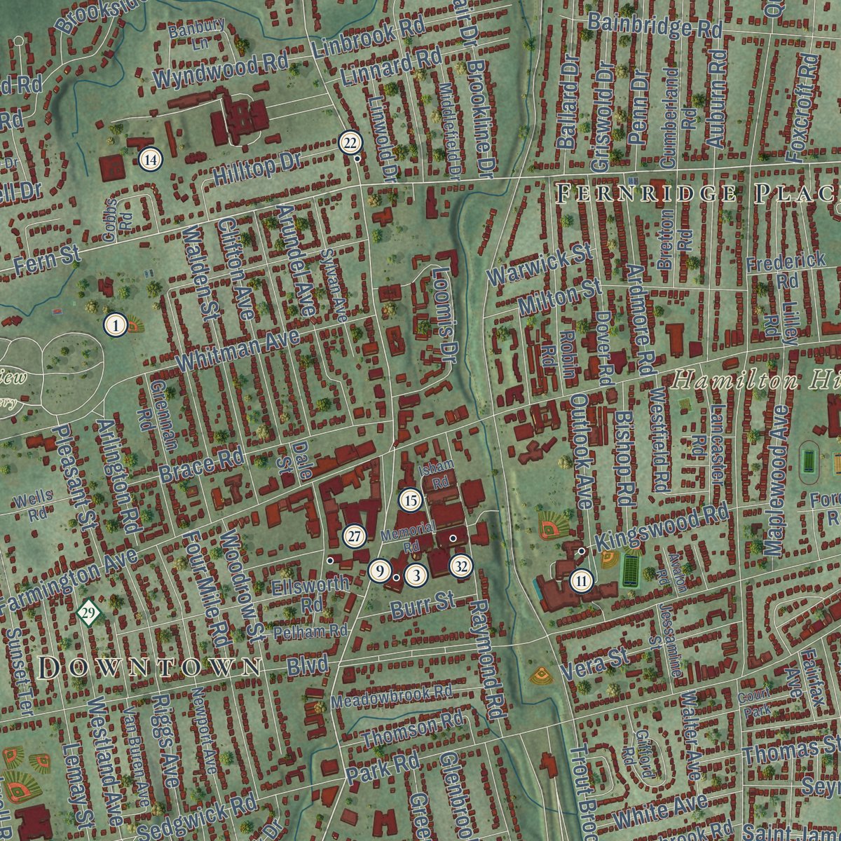 Close-up of the map of West Hartford, Connecticut print showing street and building detail