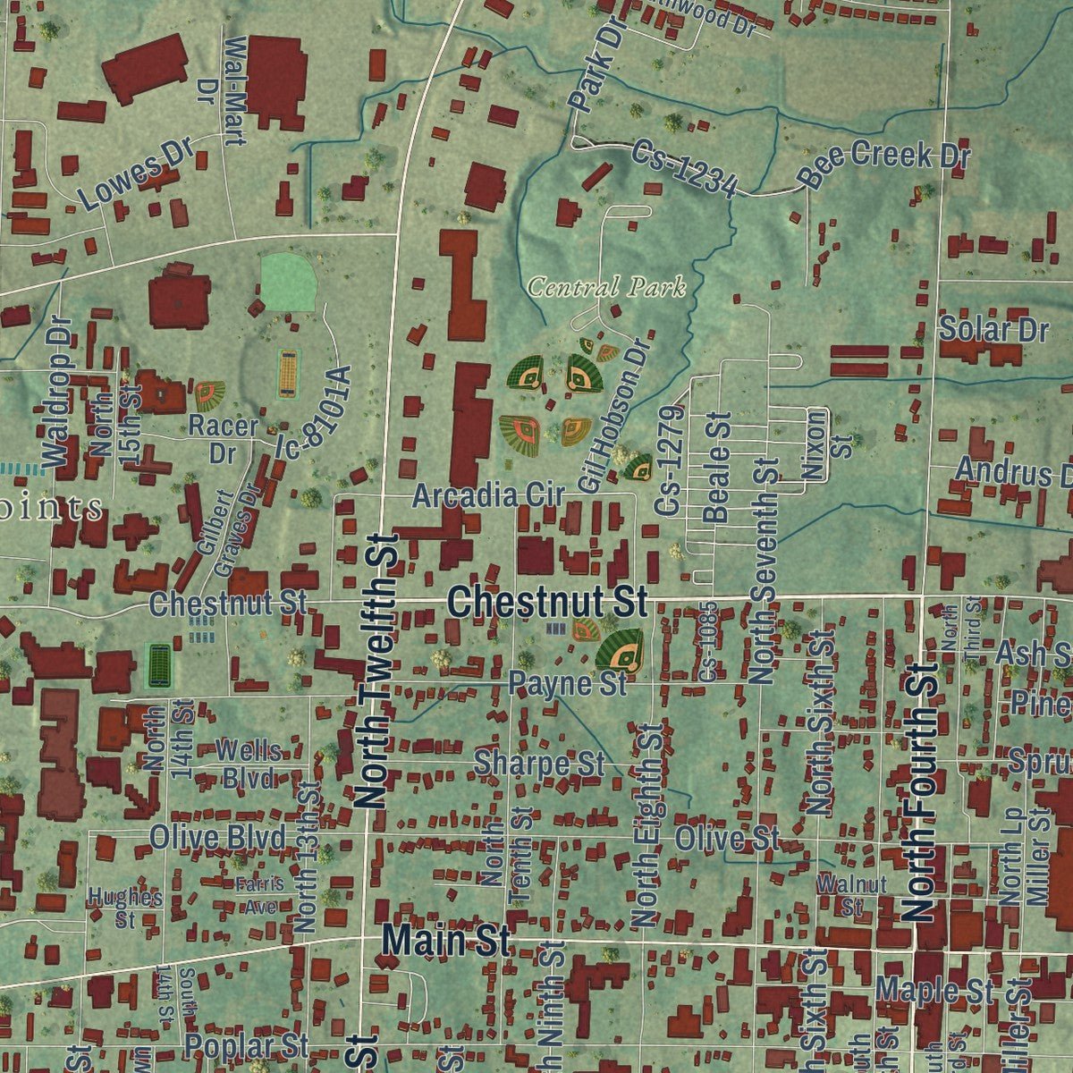 Close-up of the map of Murray, Kentucky print showing street and building detail