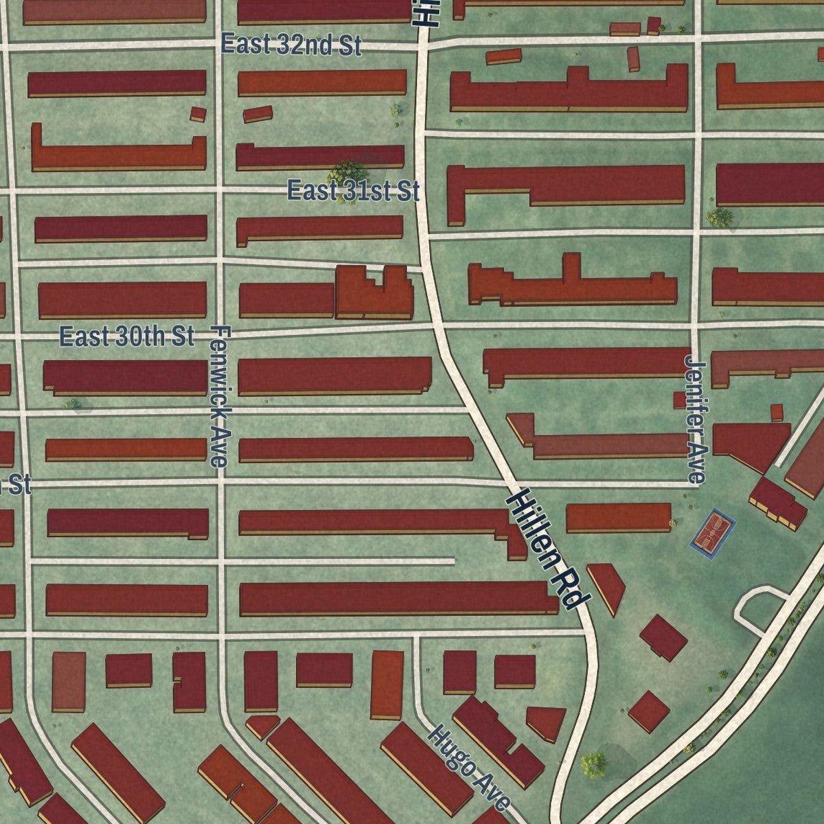 Close-up of the map of Coldstream Homestead Montebello, Maryland print showing street and building detail