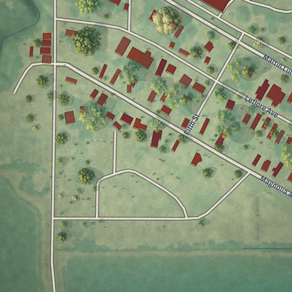 Close-up of the map of Pace, Mississippi print showing street and building detail