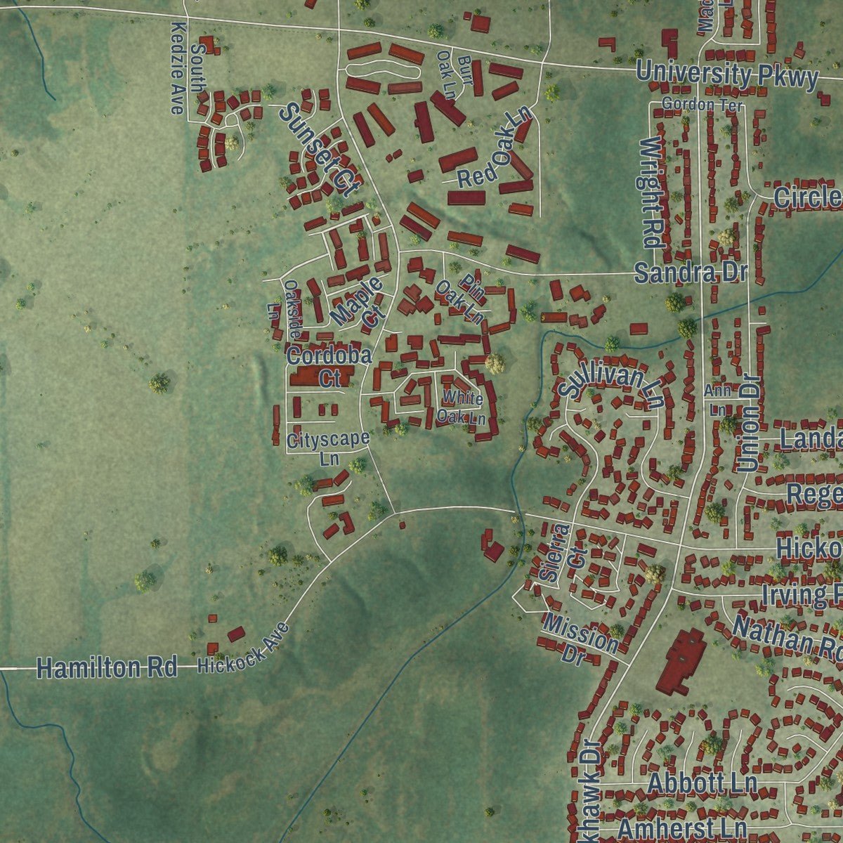 Close-up of the map of University Park, Illinois print showing street and building detail