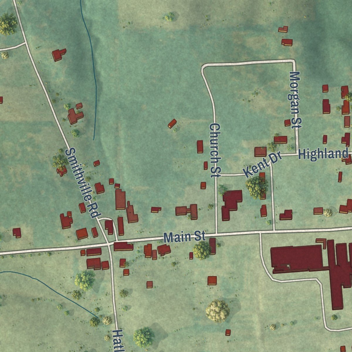 Close-up of the map of Hatley, Mississippi print showing street and building detail