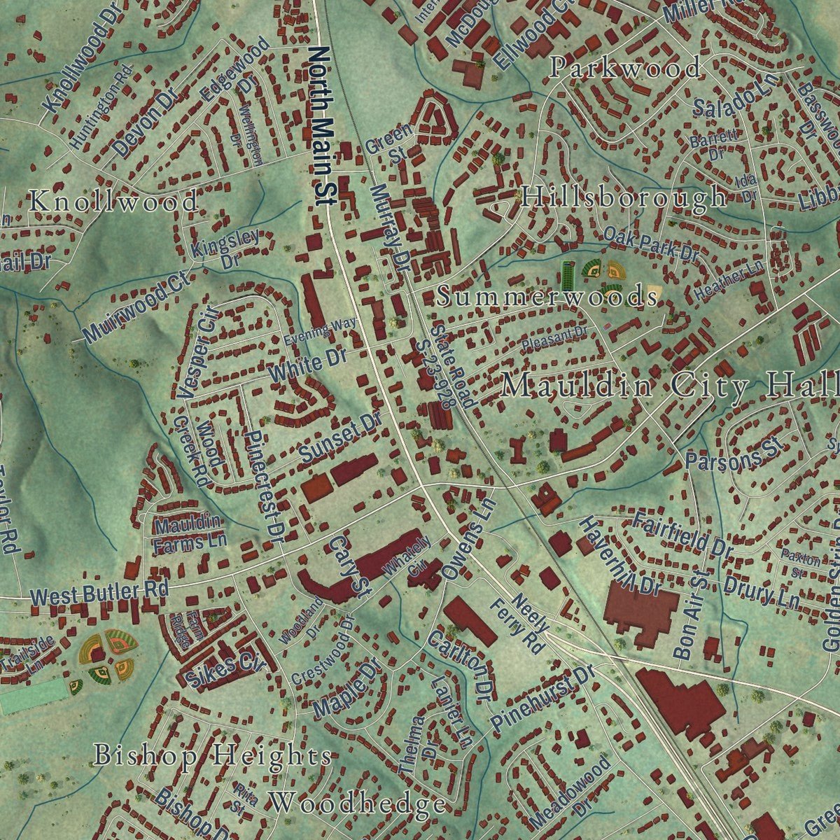 Close-up of the map of Mauldin, South Carolina print showing street and building detail