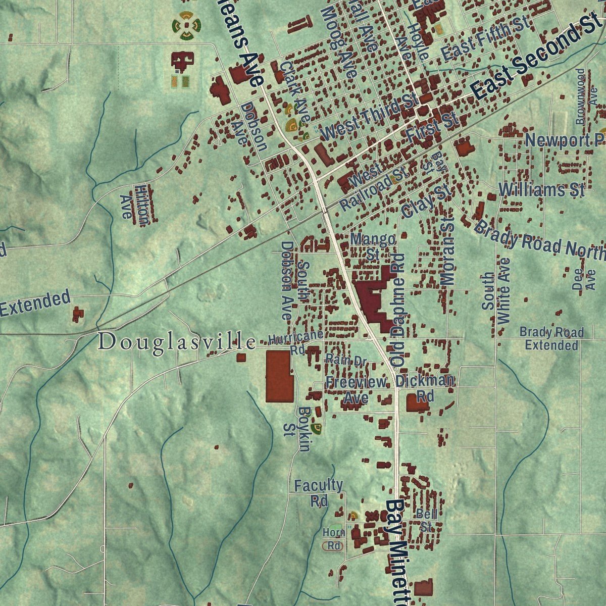 Close-up of the map of Bay Minette, Alabama print showing street and building detail