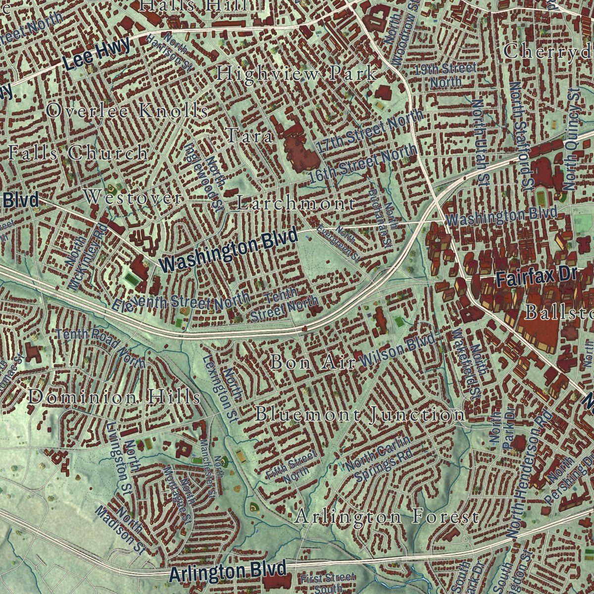 Close-up of the map of Arlington, Virginia print showing street and building detail