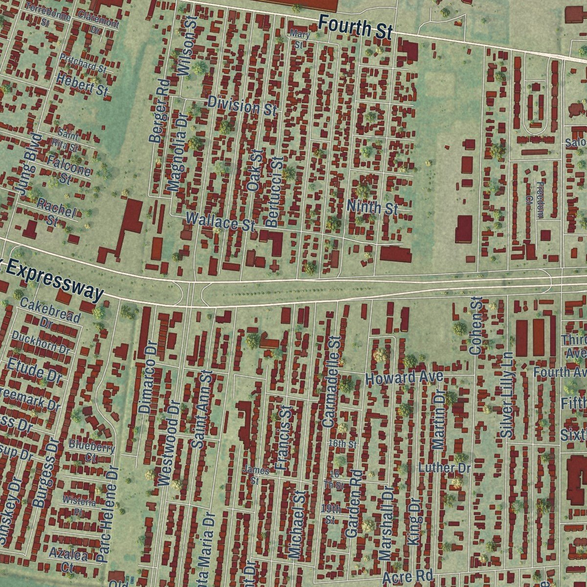 Close-up of the map of Marrero, Louisiana print showing street and building detail