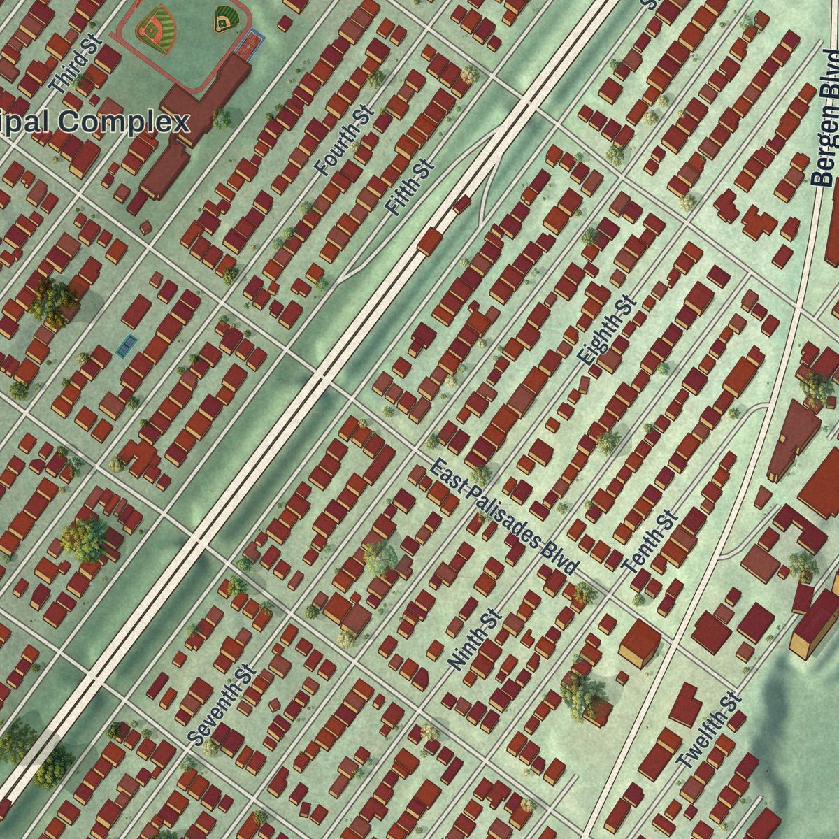 Close-up of the map of Palisades Park, New Jersey print showing street and building detail
