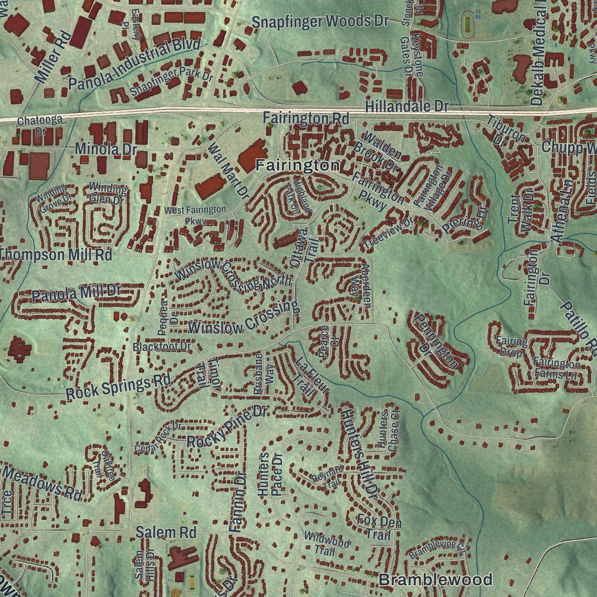 Close-up of the map of Stonecrest, Georgia print showing street and building detail