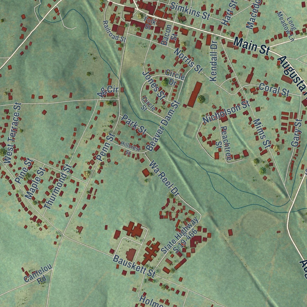 Close-up of the map of Edgefield, South Carolina print showing street and building detail