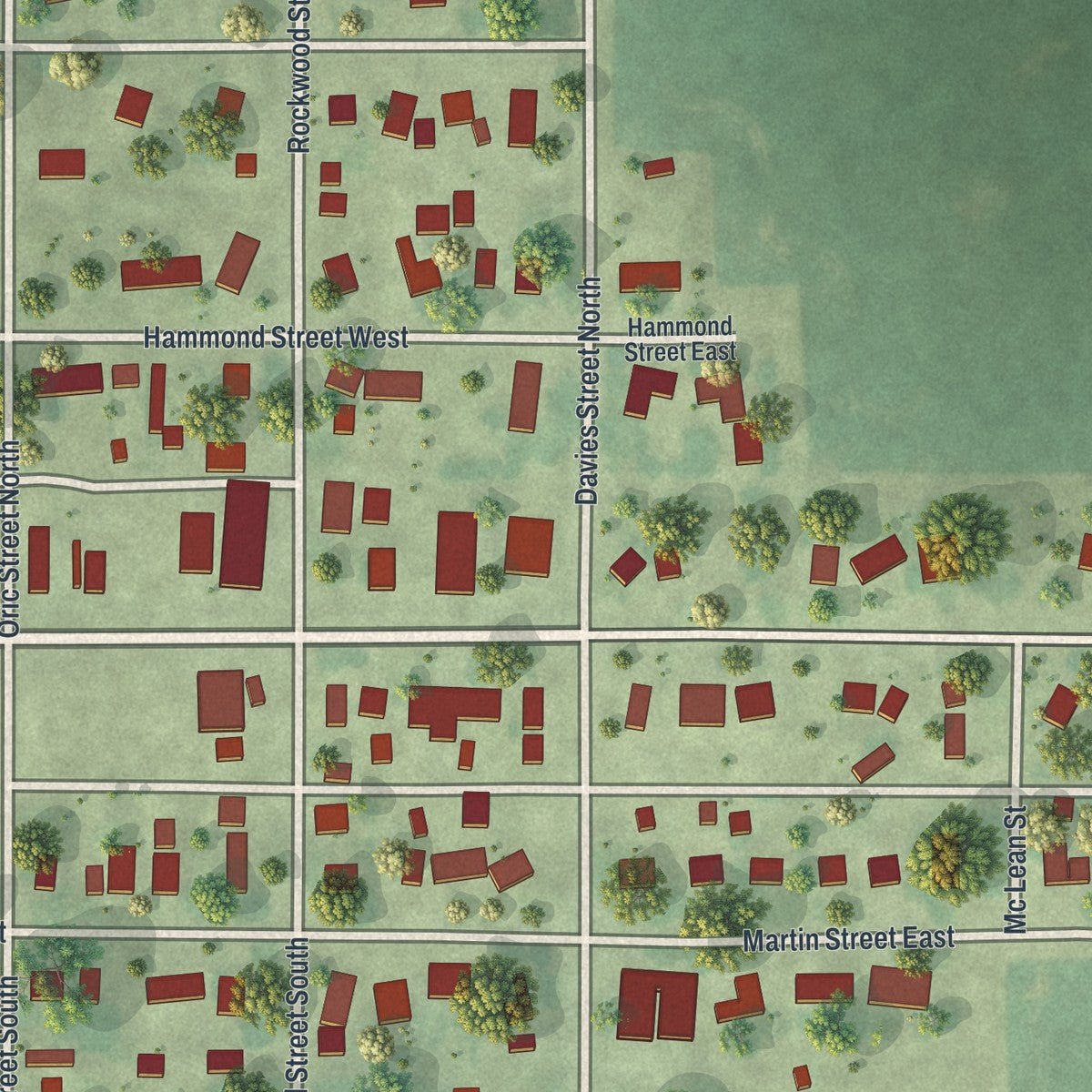 Close-up of the map of Lewisville, Minnesota print showing street and building detail