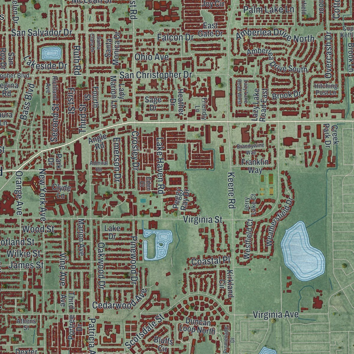 Close-up of the map of Dunedin, Florida print showing street and building detail