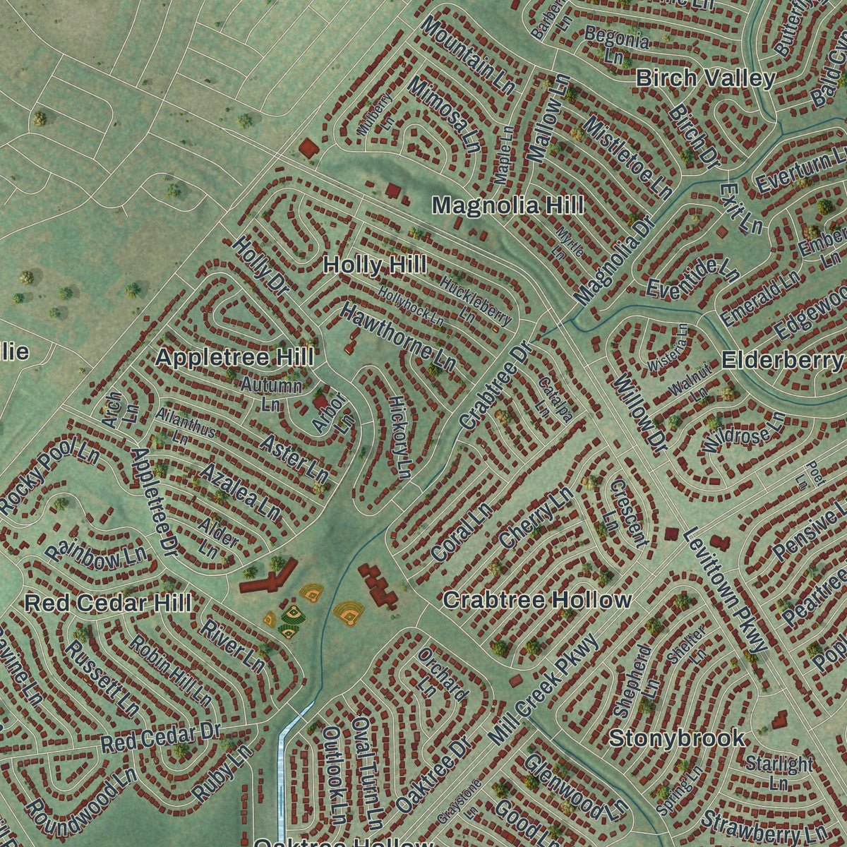 Close-up of the map of Levittown, Pennsylvania print showing street and building detail