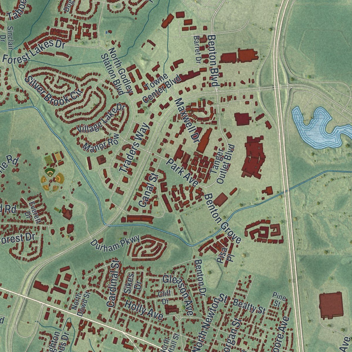 Close-up of the map of Pooler, Georgia print showing street and building detail