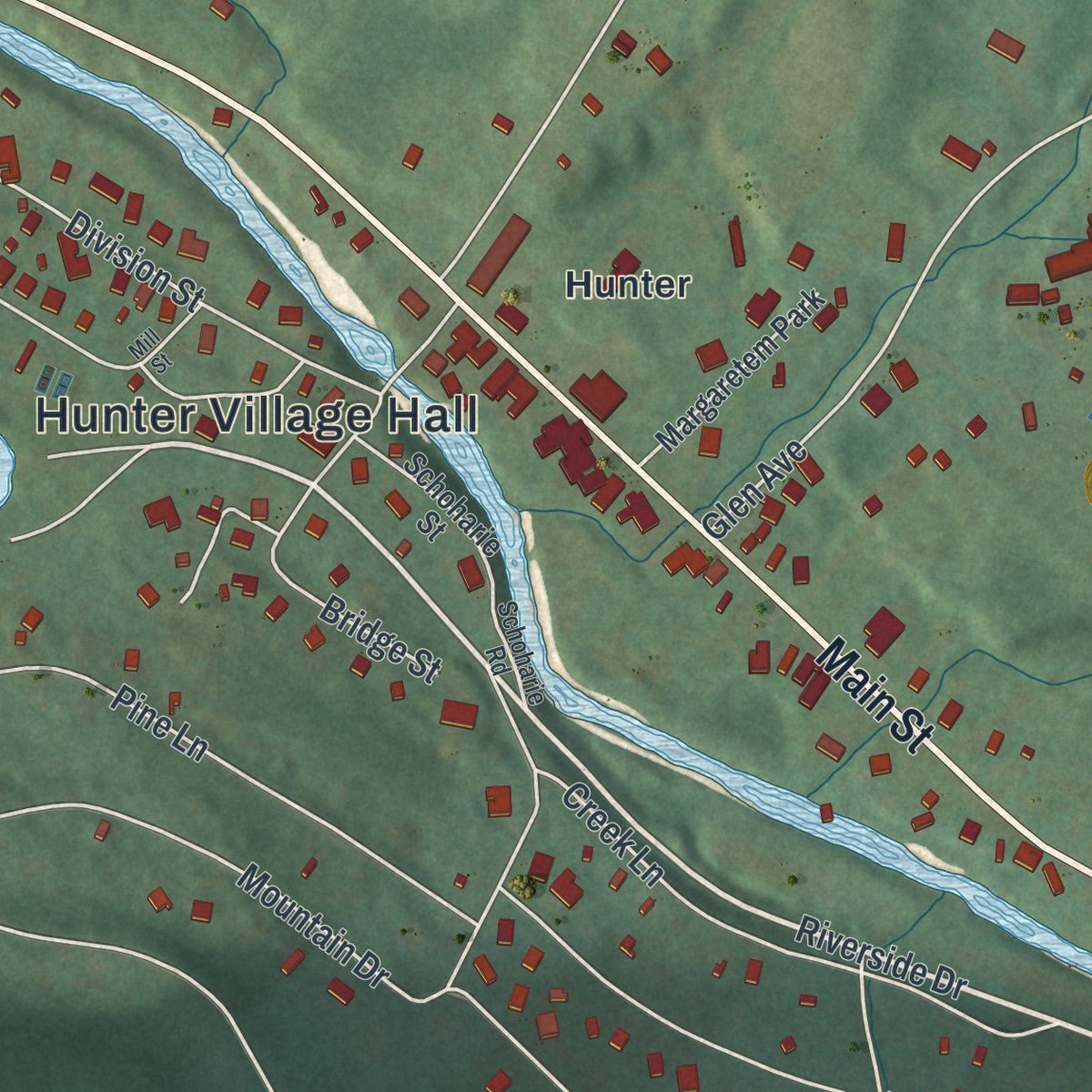 Close-up of the map of the Village of Hunter, New York print showing street and building detail