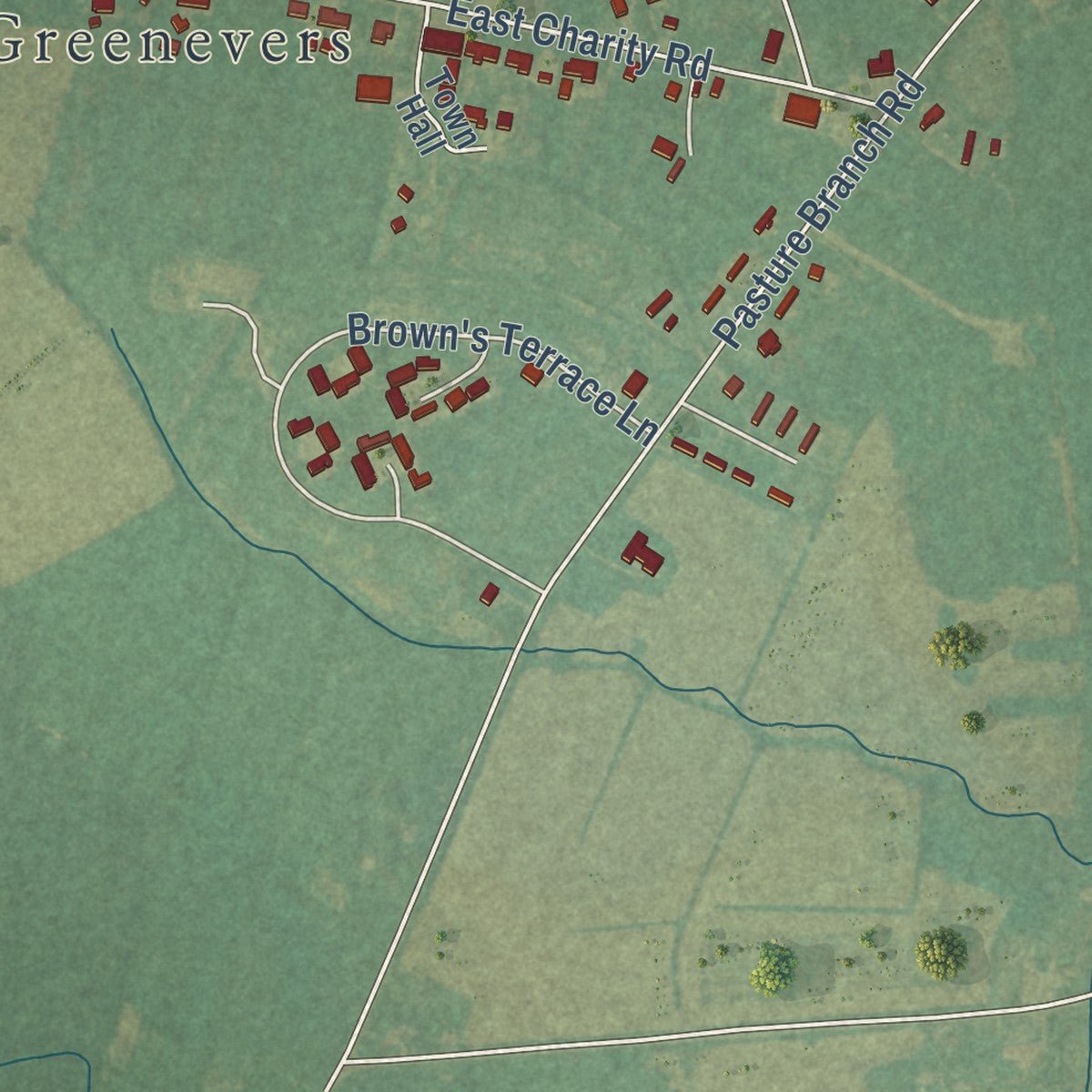 Close-up of the map of Greenevers, North Carolina print showing street and building detail