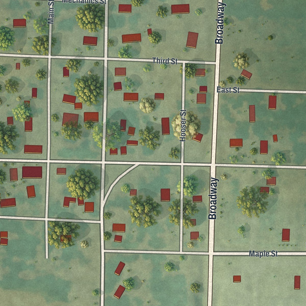 Close-up of the map of Moundville, Missouri print showing street and building detail