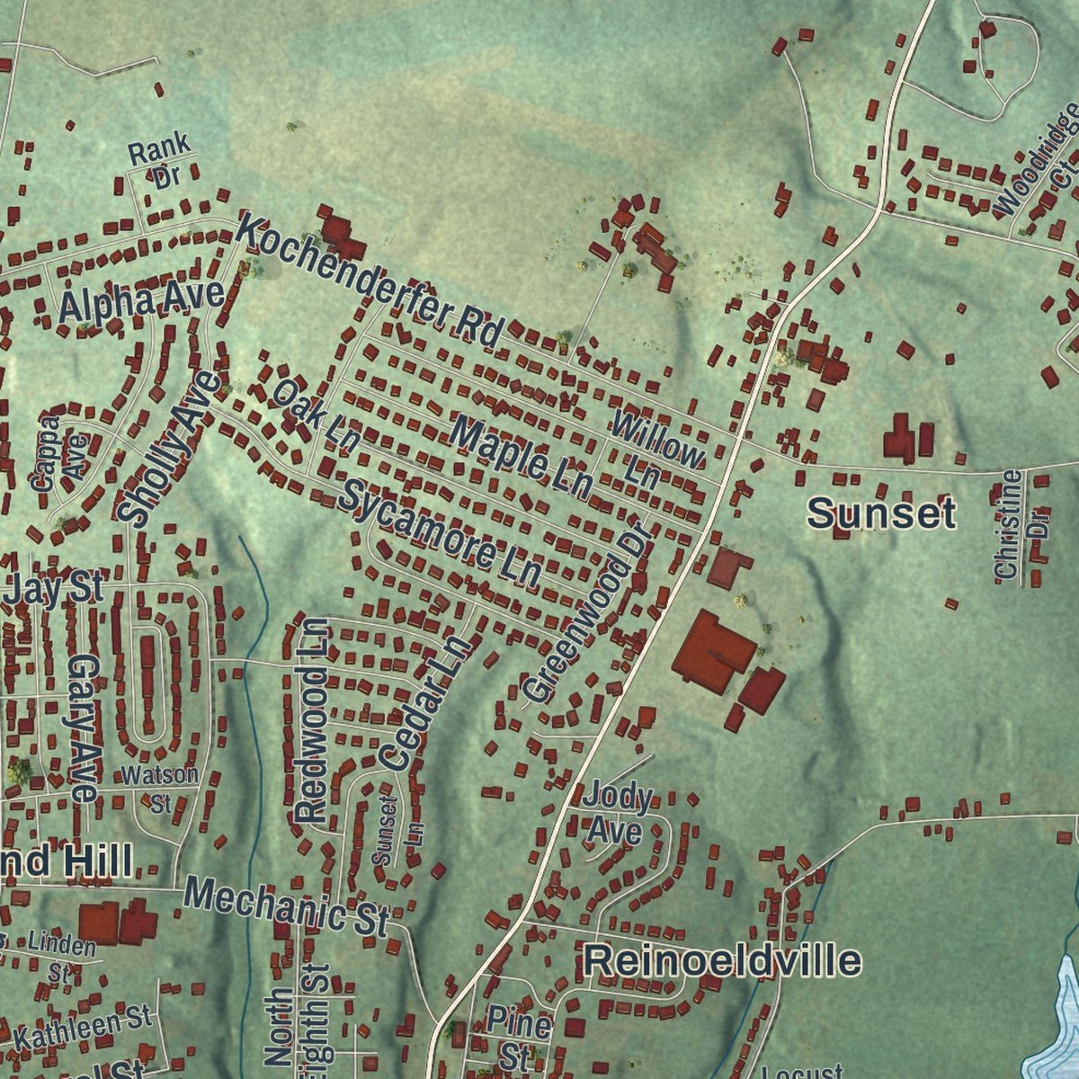 Close-up of the map of North Lebanon, Pennsylvania print showing street and building detail