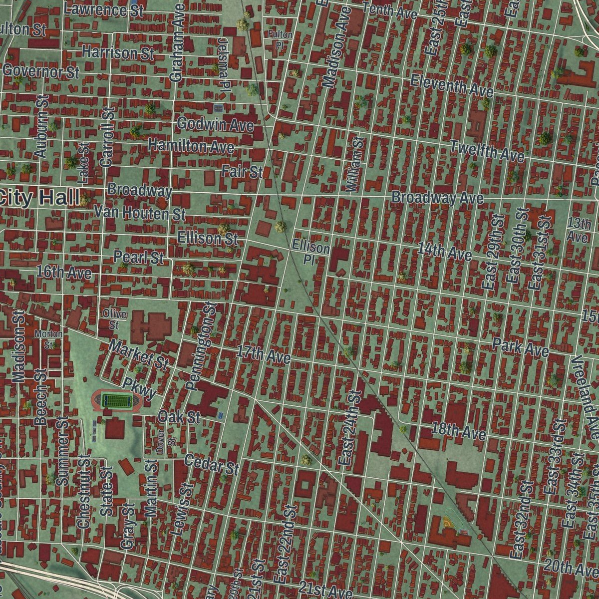 Close-up of the map of Paterson, New Jersey print showing street and building detail