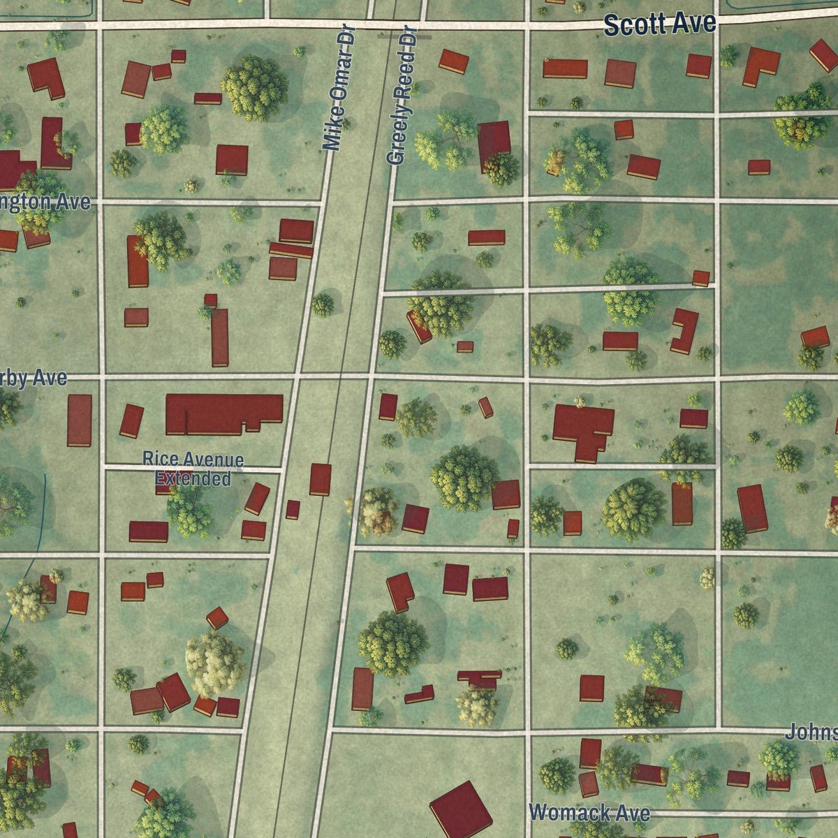 Close-up of the map of Lambert, Mississippi print showing street and building detail