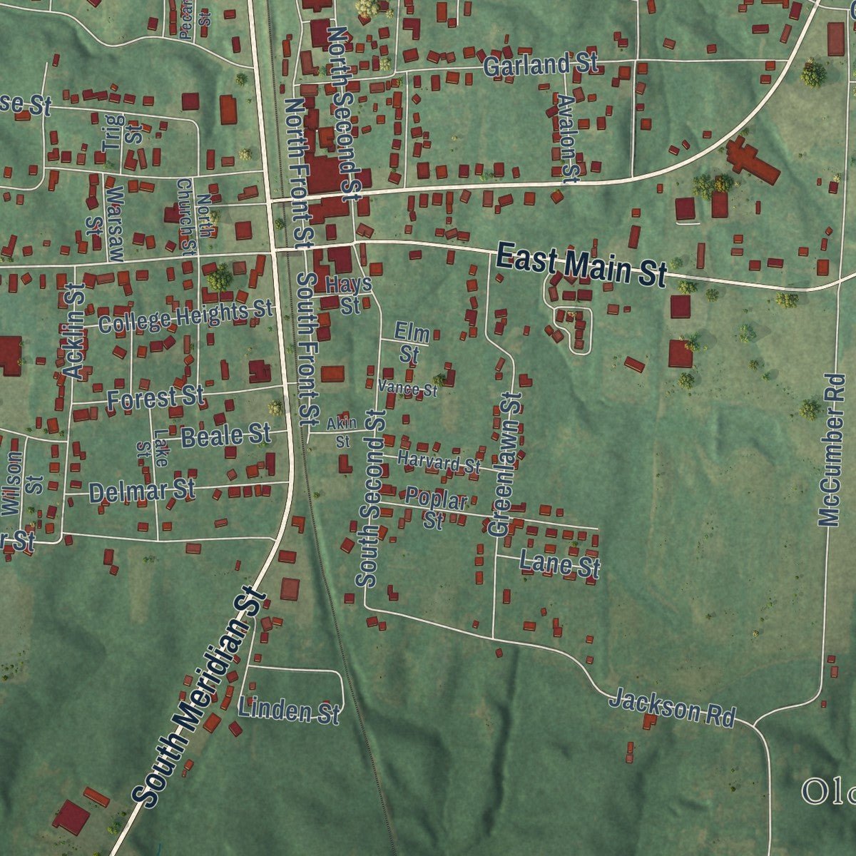 Close-up of the map of Greenfield, Tennessee print showing street and building detail