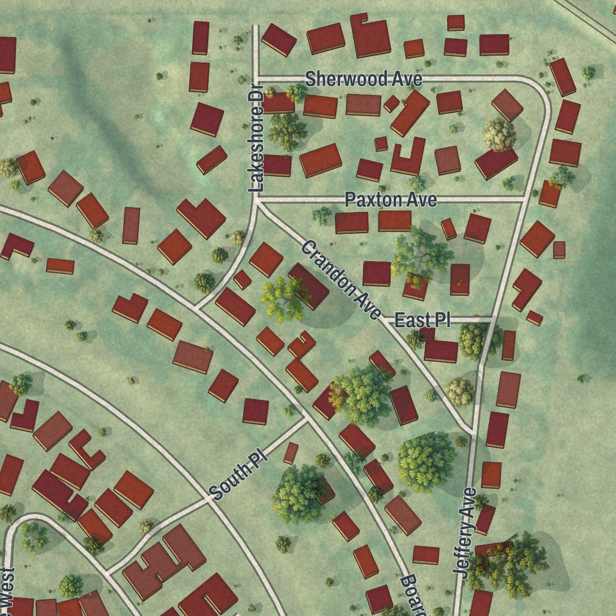 Close-up of the map of Mangonia Park, Florida print showing street and building detail