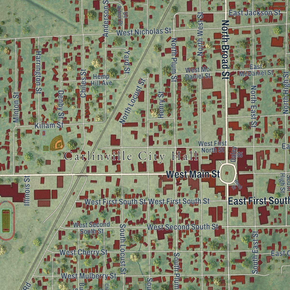 Close-up of the map of Carlinville, Illinois print showing street and building detail