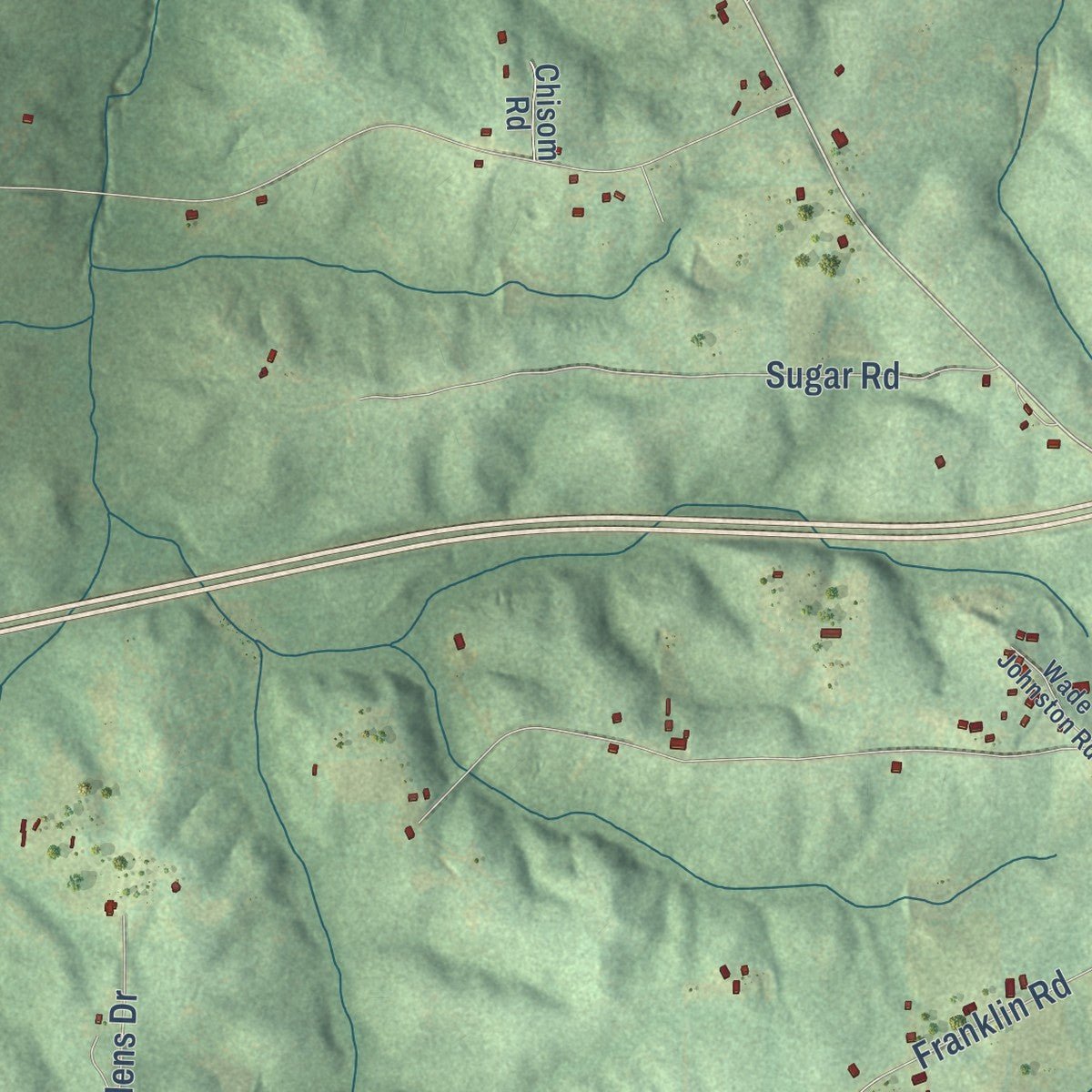 Close-up of the map of Franklin, Alabama print showing street and building detail