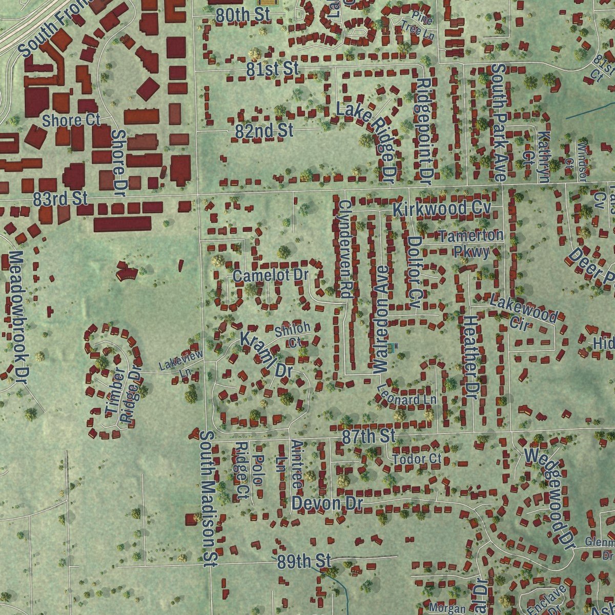 Close-up of the map of Burr Ridge, Illinois print showing street and building detail