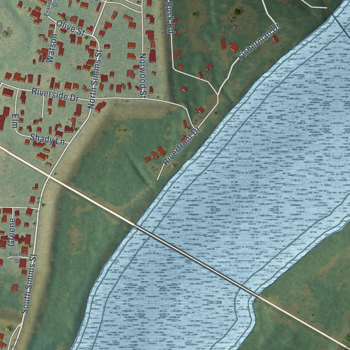 Close-up of the map of Simmesport, Louisiana print showing street and building detail