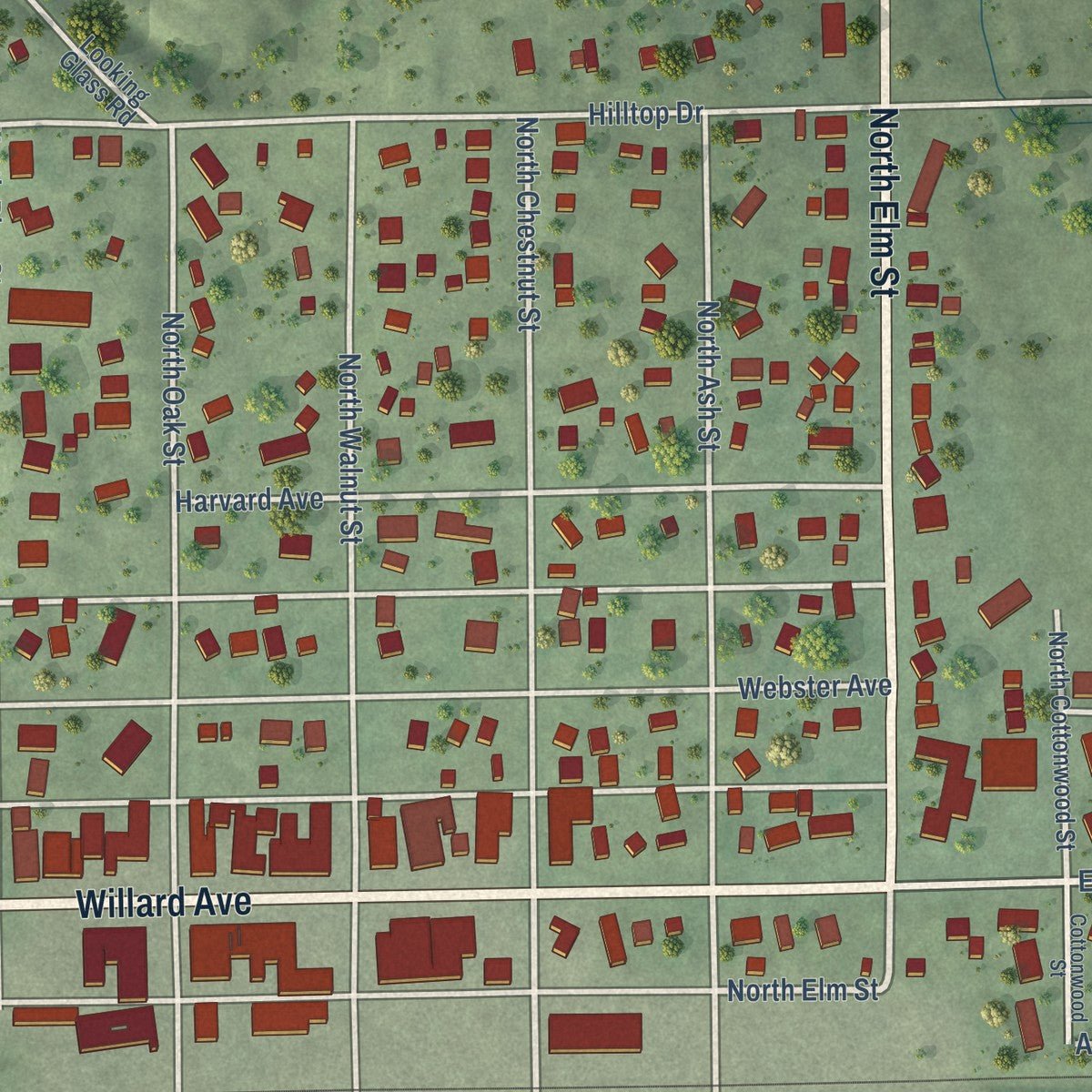 Close-up of the map of Genoa, Nebraska print showing street and building detail